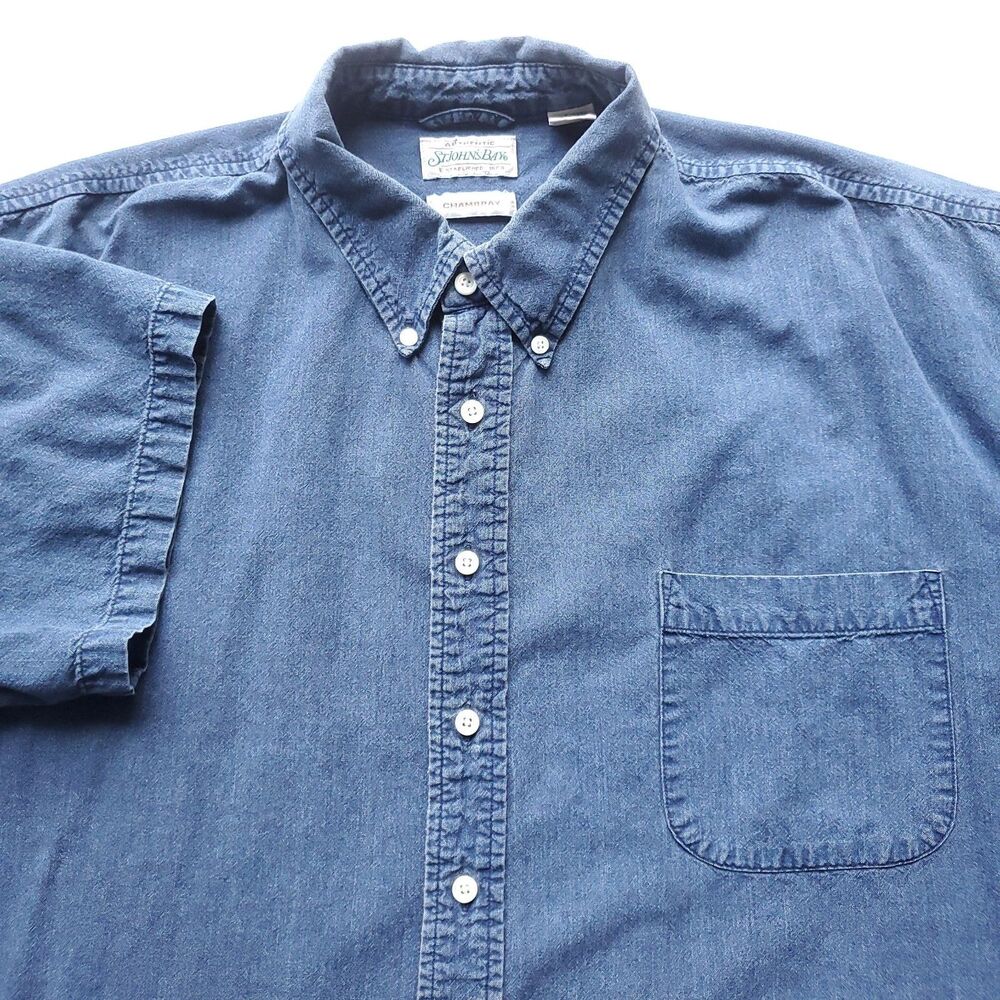 Vintage 90s Chambray Denim Shirt Mens 3XLT Short Sleeve 100% Cotton Blue
